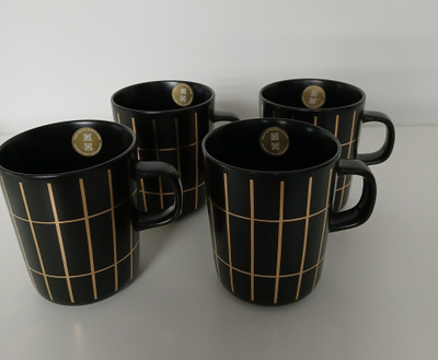 Marimekko Oiva Tiiliskivi mukit 4 kpl, Musta- kulta 2,5 dl