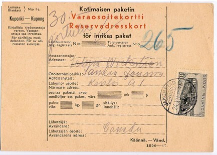 M30 1947 30mk postiauto tullausmaksuna  varaosoitekortilla