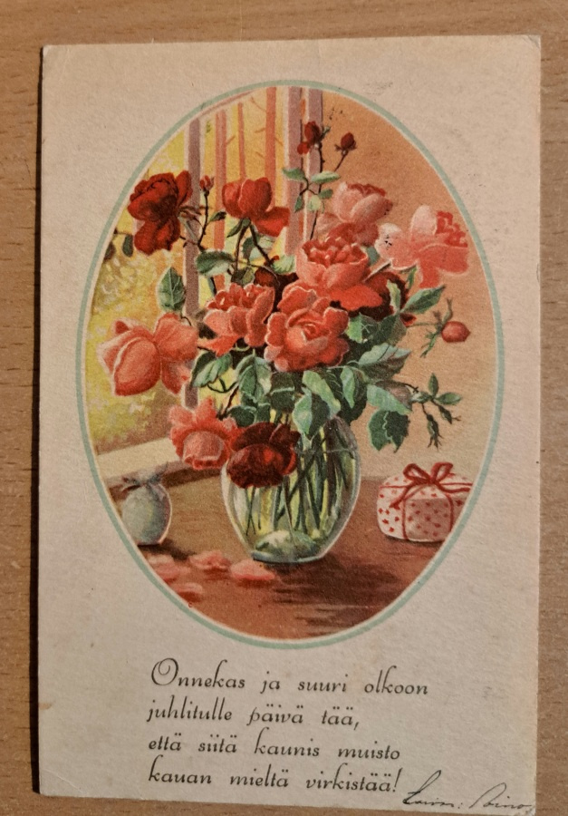 kukkakortti, ruusut maljakossa, runo,kulkenut 1947