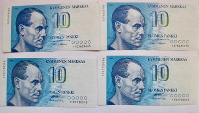 4 Seteliä 10 mk 1986 Pakkasileät