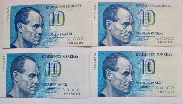 4 Seteliä 10 mk 1986 Pakkasileät