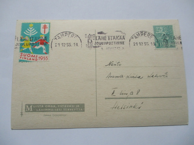 1955 Joulumerkki piirileikki kortilla Tampere 21.12.1955