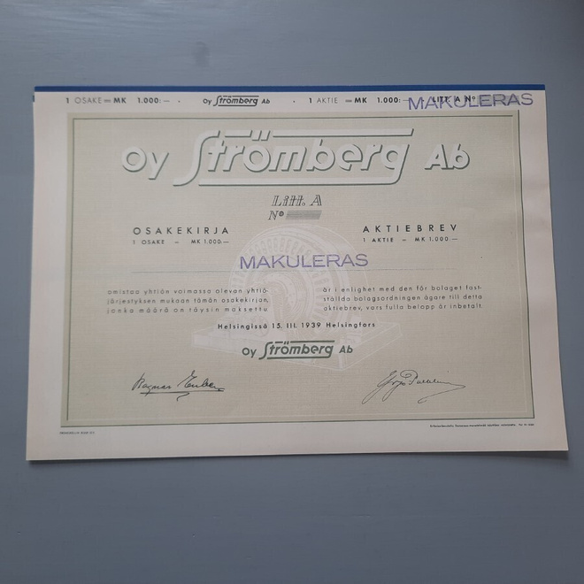 osakekirja Strömberg oy 1os 1939 makuloitu