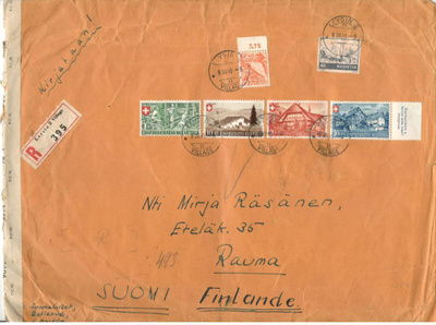 v. 1945 kirje Sveitsistä Suomeen, lipukkeita, leimoja, jne.