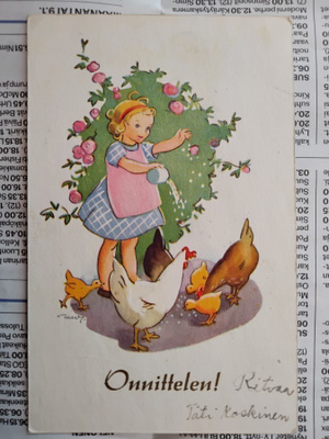 Postikortti Tyttö ruokki kanoja - Martta Wendelin