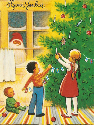 Lapset koristelevat joulukuusta. Ei kulk.