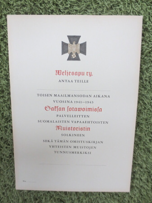 SS-- Vapaaehtoisen  Ristin Myöntökirja  Blanco