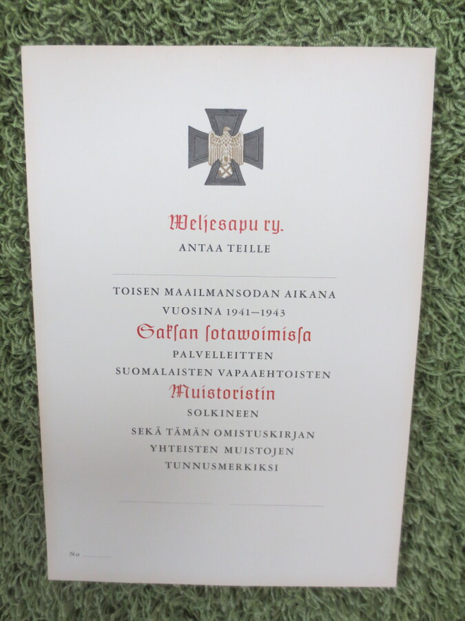 SS-- Vapaaehtoisen  Ristin Myöntökirja  Blanco