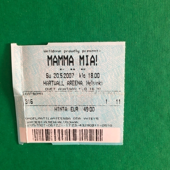 Pääsylippu: Mamma Mia!. Helsinki.2007.