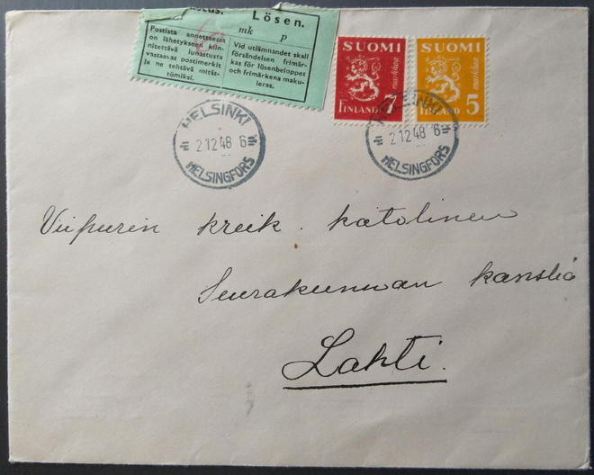 Lunastuslähetys Helsinki-Lahti, kulk. 1948