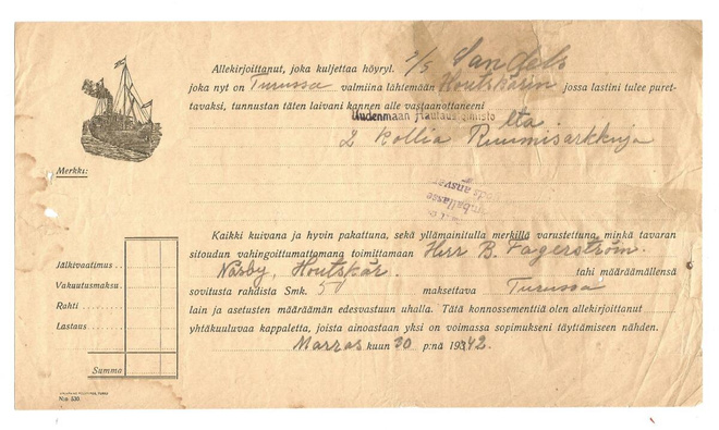 LAIVAN RAHTIKIRJA v. 1942 - Ruumisarkkuja Turku - Houtskär