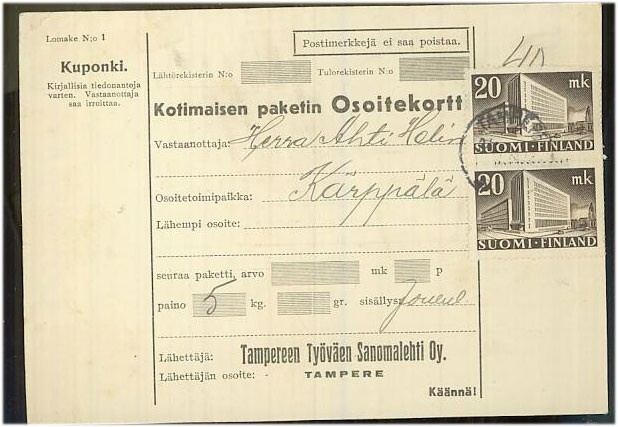 1945 20mk postitalo 2kpl pakettikortti