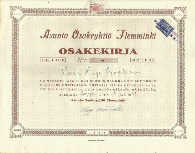 OKK 1938 Asunto Oy Flemminki, Helsinki osakekirja