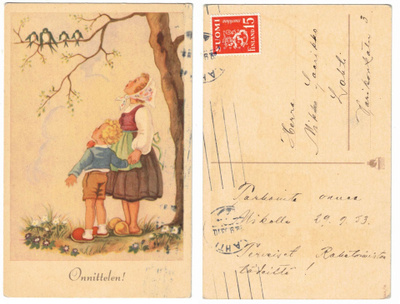 Vanha kortti, KUVATAIDE 266/10, lapset ja linnut, v. 1953