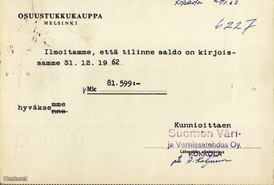 FIRMAKORTTI KOKKOLA SUOMEN VÄRI JA VERNISSA TEHDAS
