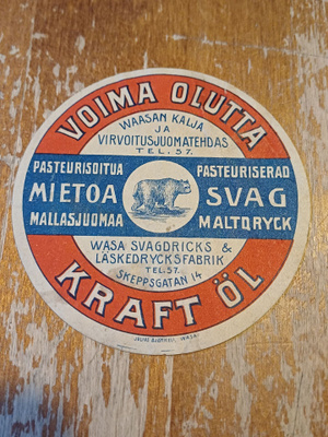 Voima olutta Waasan kalja ja virvoitusjuomatehdas etiketti.