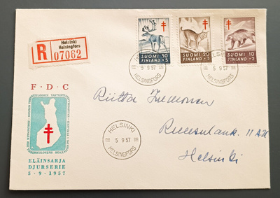 1957 FDC Tuberkuloosi, R-kuori, tuloleima