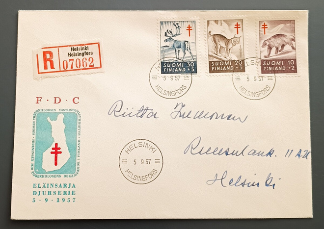 1957 FDC Tuberkuloosi, R-kuori, tuloleima