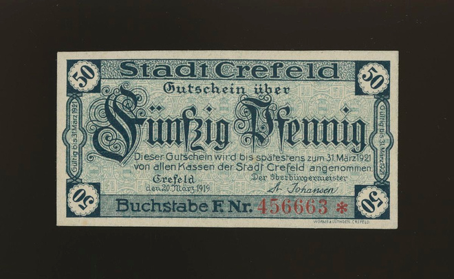 Saksa Notgeld 50 Pfennig, Crefeld 1919