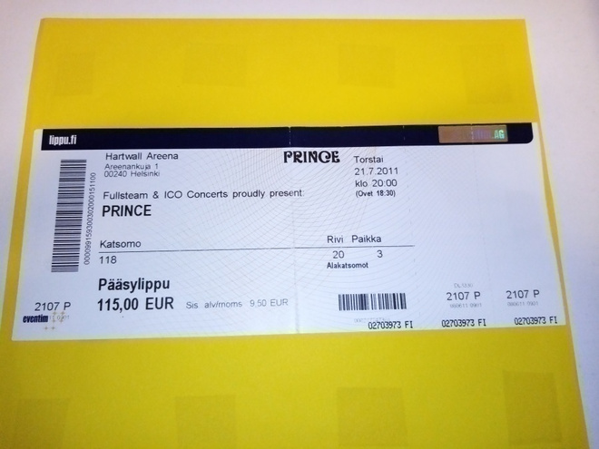 Käyttämätön pääsylippu PRINCE HARTWALL AREENA 21.7.2011