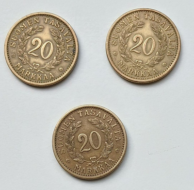 Alumiinipronssi 20 markkaset vuosilta 1937, 1938 ja 1939.