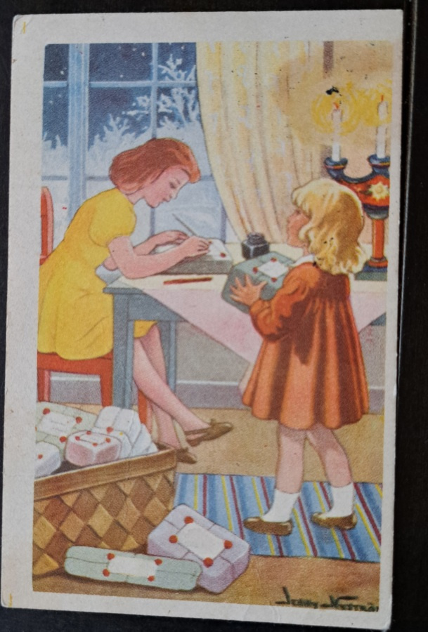 Jenny Nyström: tytöt pakkaa lahjoja, kulkenut 1948