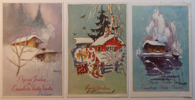 3 kpl Joulukortteja, piirt. Martta Wendelin 1950-60 lukua