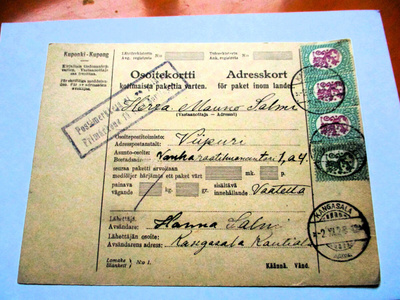 1928 Kangasala pakettikortti Viipuriin