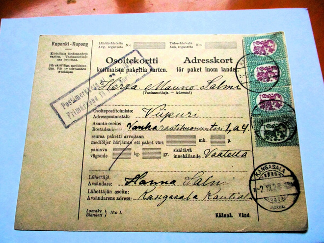1928 Kangasala pakettikortti Viipuriin