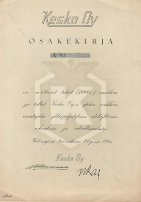 OKK 1946 Kesko Oy bla, Helsinki pörssi osakekirja