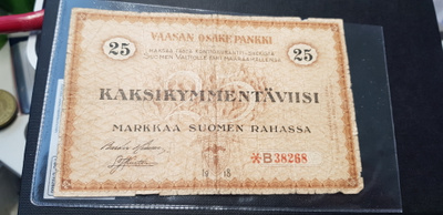 25 mk vaasan pankki 1918 litt B tähti kl 4 rvja