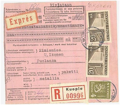 1945 20mk postitalo ym pika-R-postiennakkopaketti
