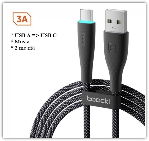 Musta Toocki USB A - USB C data/pikalatauskaapeli /2m #29018