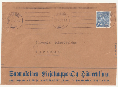 Hämeenlinna firmakuori Suomalainen kirjakauppa 1956