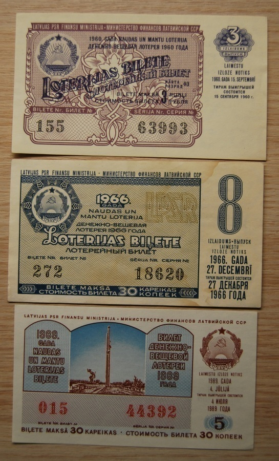 CCCP, lottolippu 1960, 1966,1989 Latvia CCP, 3 kpl.