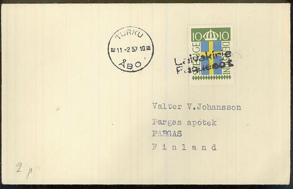 Ruotsi laivakirje 1957 Suomeen