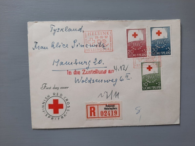 FDC Suomi 1957 PR EL, R-kuori Saksaan