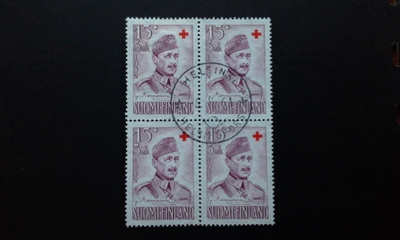 15+3 mk PR Mannerheim 1952 nelilö leimattu. Lape 408