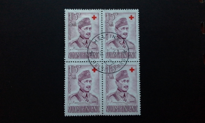 15+3 mk PR Mannerheim 1952 nelilö leimattu. Lape 408