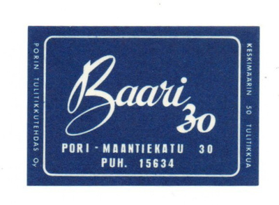 Porin Tulitikkutehdas BAARI 30 PORI Etiketti