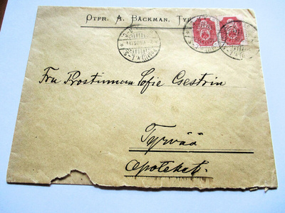 1905 Otfr. A Bäckman Tyrvää pvl L-S kuori Tyrvään apteekkiin