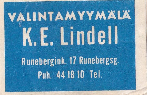 K. E. Lindell Valintamyymälä.Runebergink. 17, b425