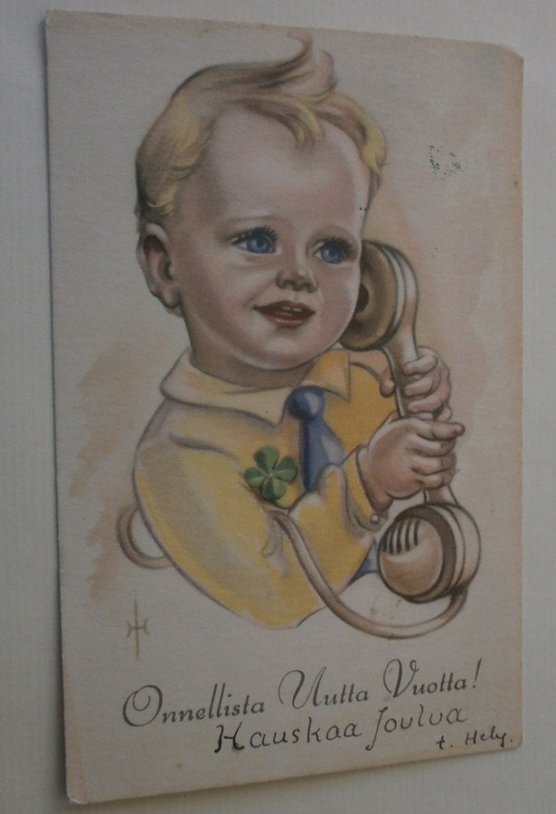 Pikkupoika puhelimessa. Uuden Vuoden kortti, kulk.