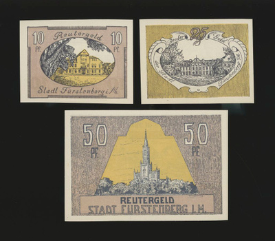 Saksa Notgeld 10, 25, 50 Pfg, Fürstenberg 1922