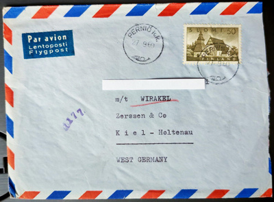 Lentopostikirje Perniöstä Saksan Kieliin 1960 Lammi -merkill