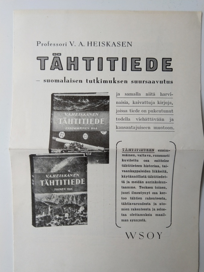 Mainoskirjanmerkki V. A. Heiskanen Tähtitiede WSOY 1950