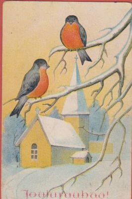 Linnut oksilla, kirkko taustalla - kulk v 1925
