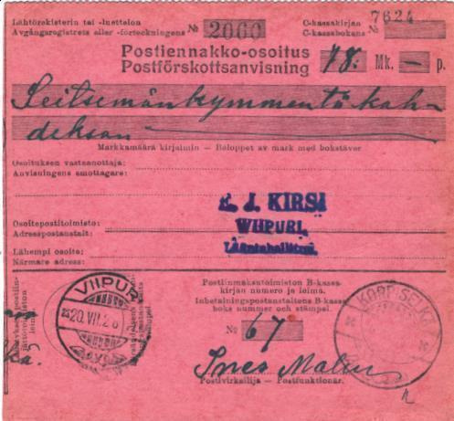 POSTIENNAKKO-OSOITUS KORPISELKÄ -VIIPURI LÄÄNINHALLITUS