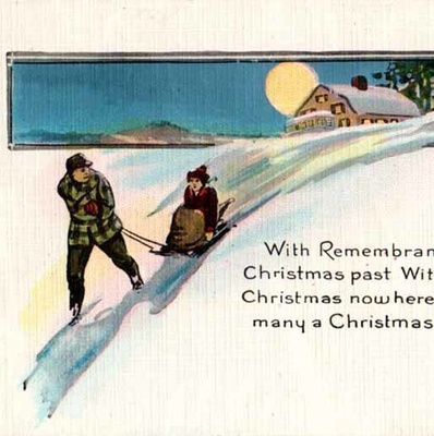 JOULUROMANTIIKKA / Pari kuutamossa kelkkamäessä. 1910-l.