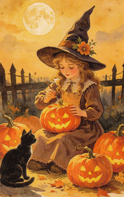 Halloween noitatyttö, kurpitsat ympärillä